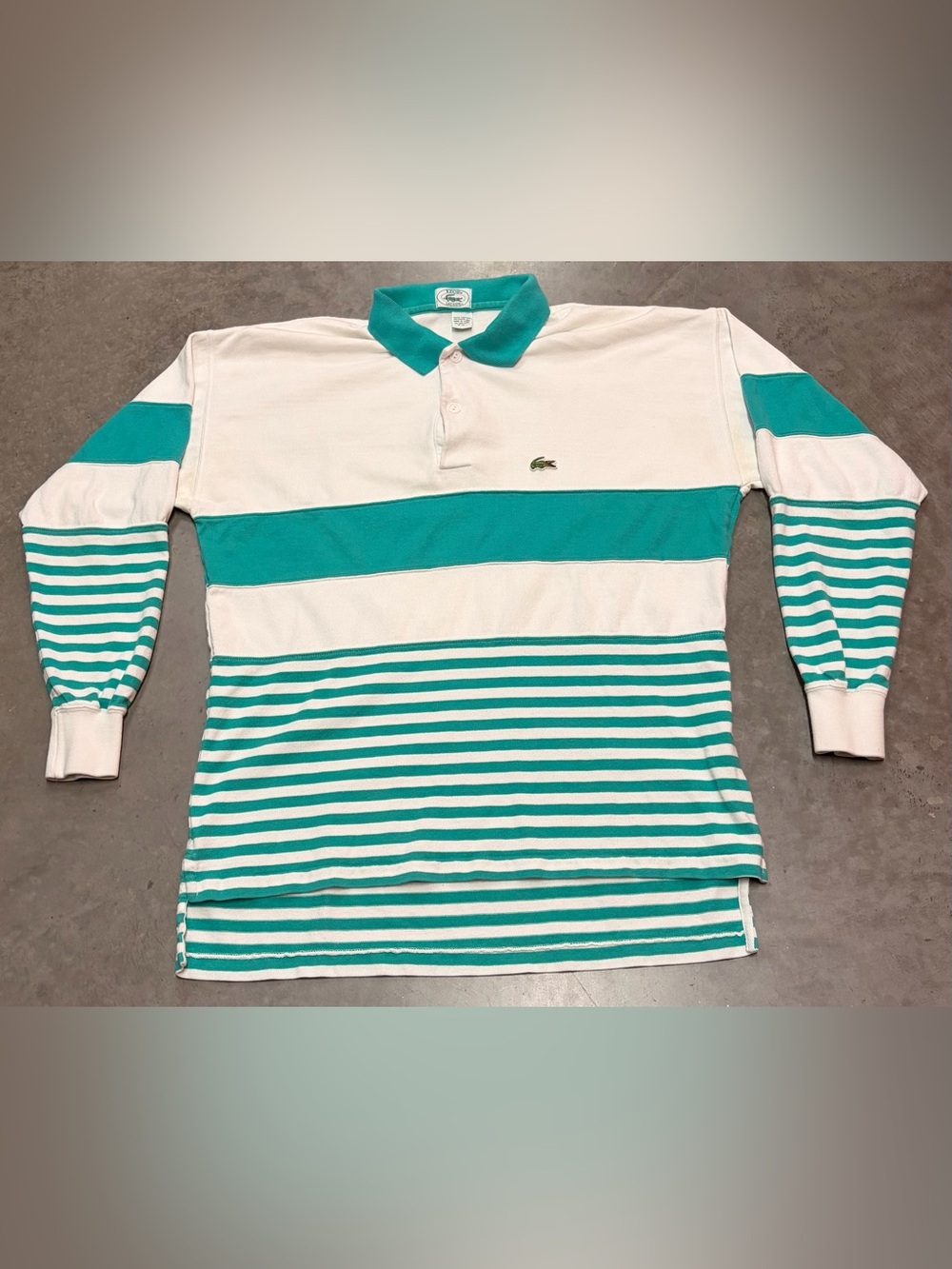 Lacoste Izod Vintage Mens White & Teal Striped Long-Sleeve Polo